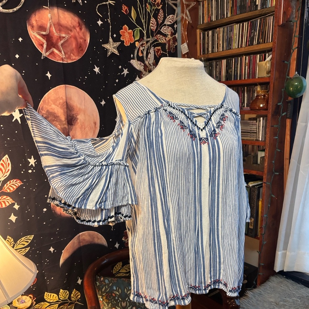 Vintage America Blue and White Striped Fabric Cottage Core, Bell-Sleeve top.